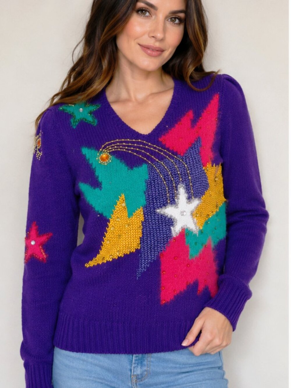 Vintage CHRISTINE Sweater Shimmering Purple Hand Knit Angora Beads Sequins sz S